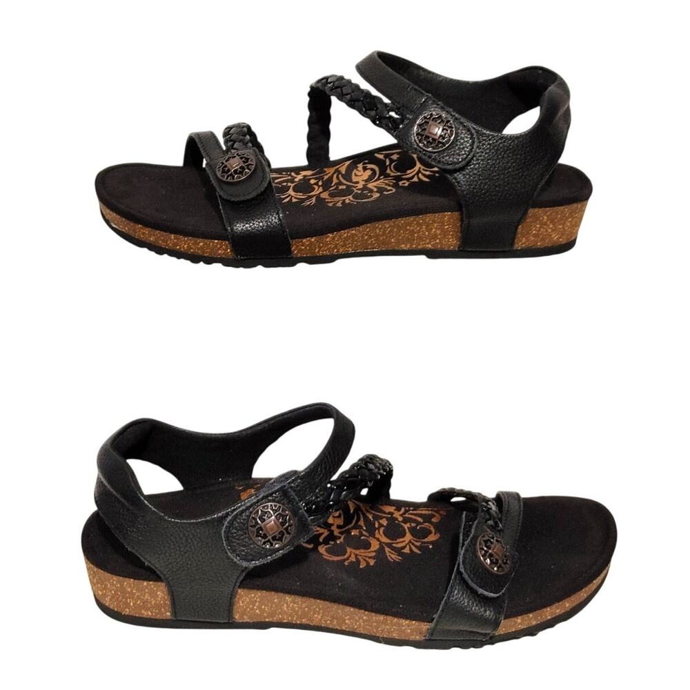 Aetrex Jillian Braided Quarter Strap Sandals Open Toe Black Leather Womens Sz 8 - Picture 3 of 8